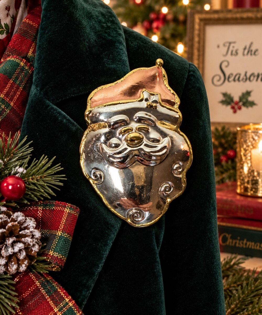 Vintage Santa Claus Brooch Large 4” Silver Gold Rose Tone Christmas Pin